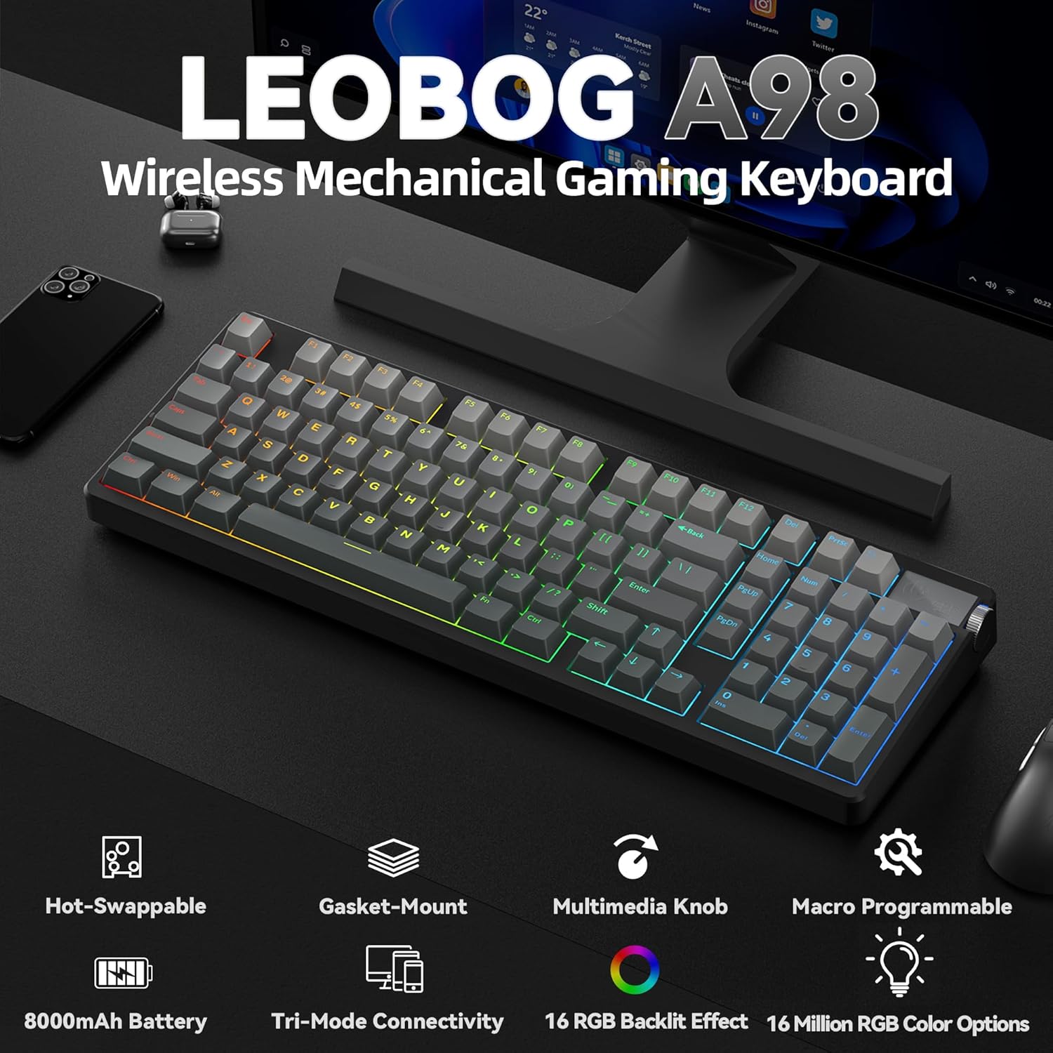 LEOBOG A98 Wireless Gaming Creamy Mechanical Keyboard with Number Pad Knob