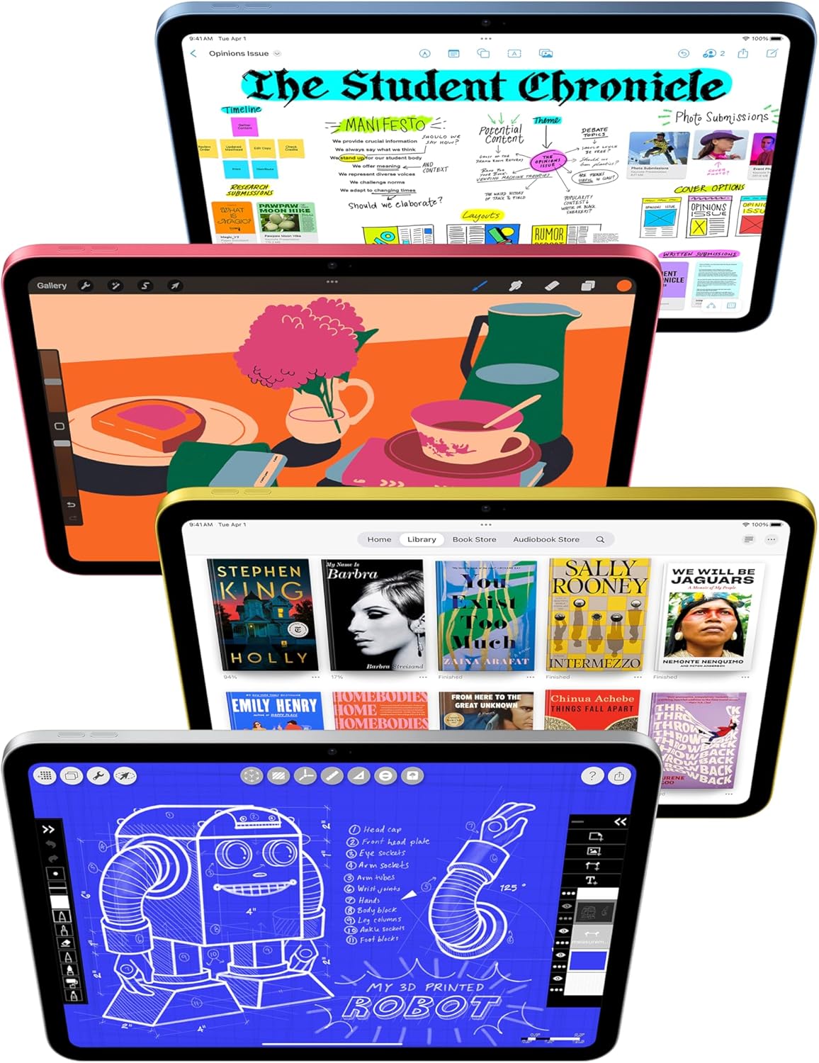 Multiple tablets displaying different screens including a newspaper, a painting, and a design app.