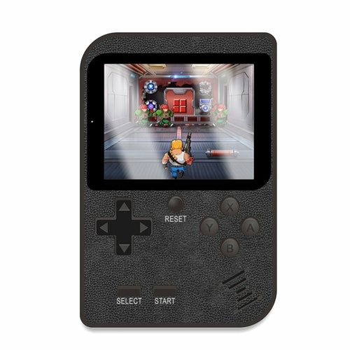 Black handheld gaming console with a screen displaying a game.