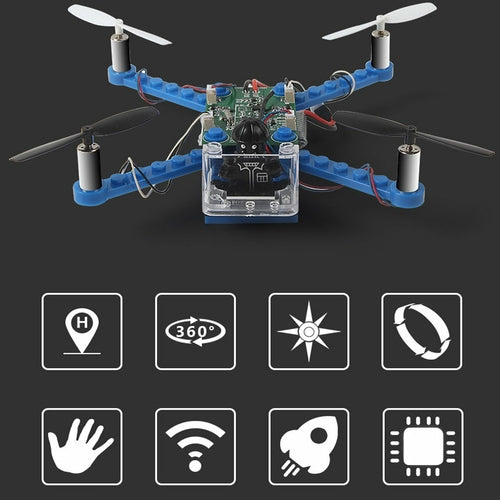 Small drone with visible components on a dark background, featuring icons below.
