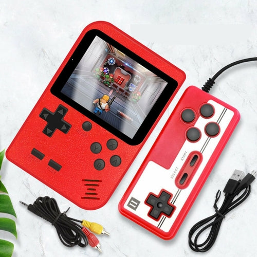 Red handheld gaming console with attached controller on a light background