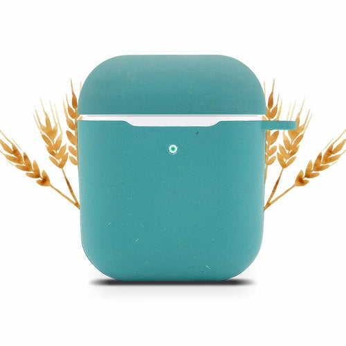 Teal square-shaped case with a white interior, surrounded by wheat stalks on a white background