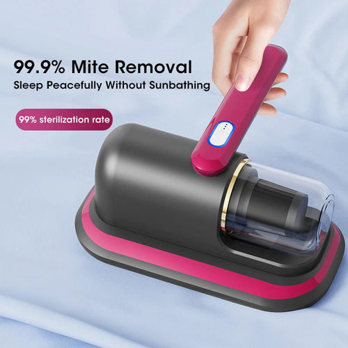 Handheld device with a pink handle and black base on a light blue background, promoting mite removal and sterilization.