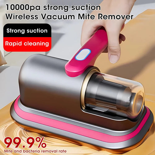 Wireless vacuum mite remover with strong suction and rapid cleaning capabilities on a wooden surface.