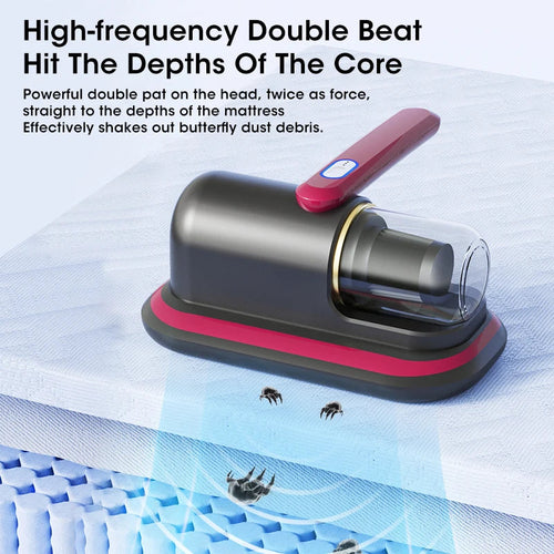 Mattress cleaning tool with text describing its function on a mattress surface.