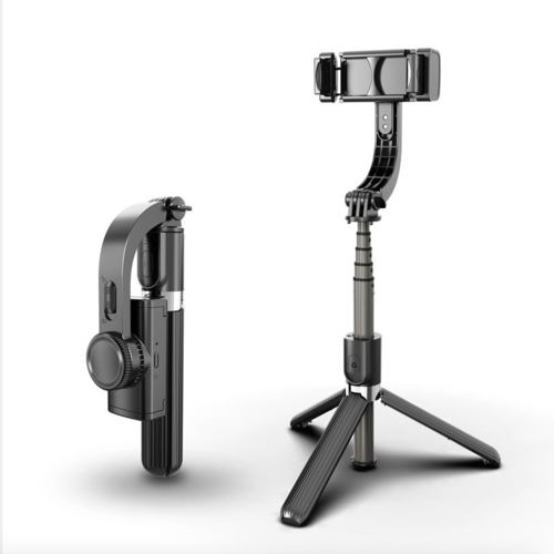 Black smartphone holder with tripod attachment on a white background