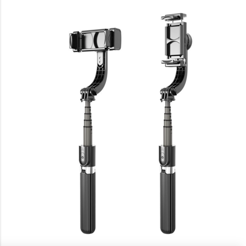 Two black selfie sticks with smartphone holders on a white background