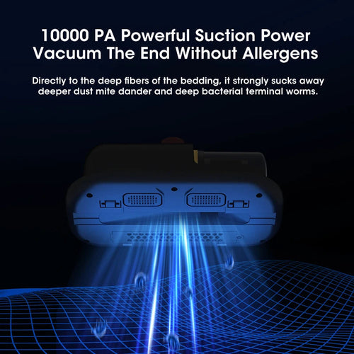 Vacuum cleaner with blue light beams on a dark background, highlighting its power and effectiveness.