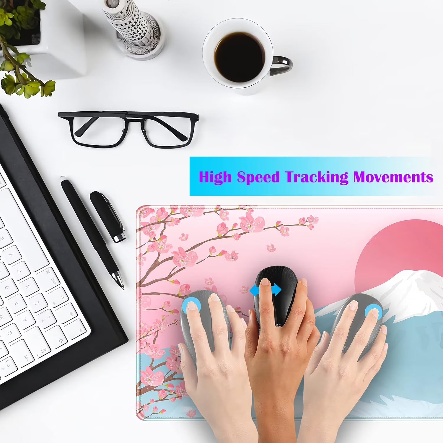Aesthetic Japanese Cherry Blossom Desk Mat Cute Pastel Blue Color XL Sakura Gaming Mouse Pad Anime Mousepad for Women Desk Office Girl Gamer Cherry Blossoms Mouse Pads Fun Desktop Mat 31.5X11.8 In