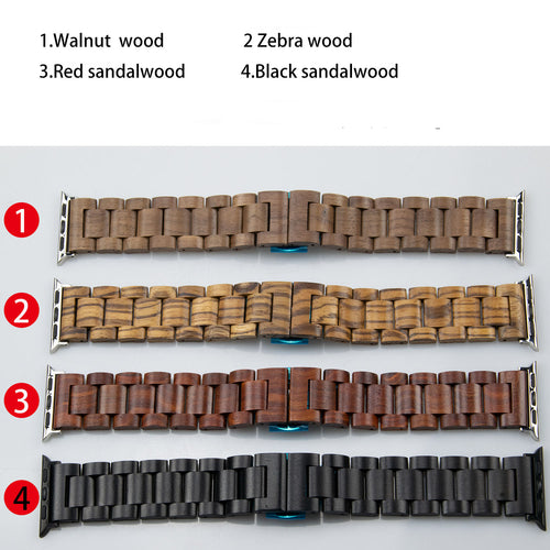 Four wooden watch straps labeled with wood type on a white background