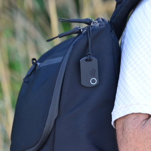 Black backpack with a dog tag attached, outdoors.