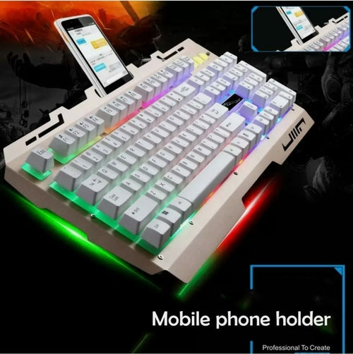 Mechanical keyboard with RGB lighting and a mobile phone holder on a dark background