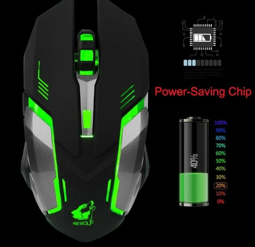 Black and green gaming mouse with power-saving chip illustration on a black background