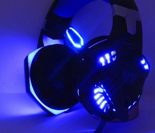 Gaming headset with blue LED lights on a dark background