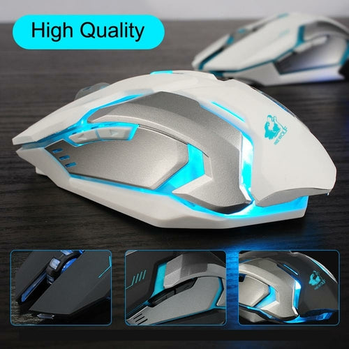 White gaming mouse with blue accents on a dark surface, labeled 'High Quality'.