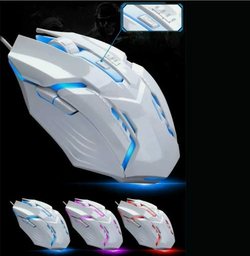 White gaming mouse with blue LED lights on a black background