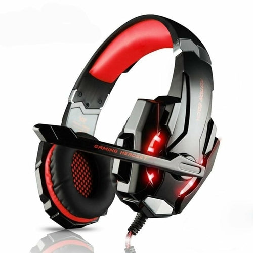 Gaming headset with blue lights and features text on a blurred game scene background
