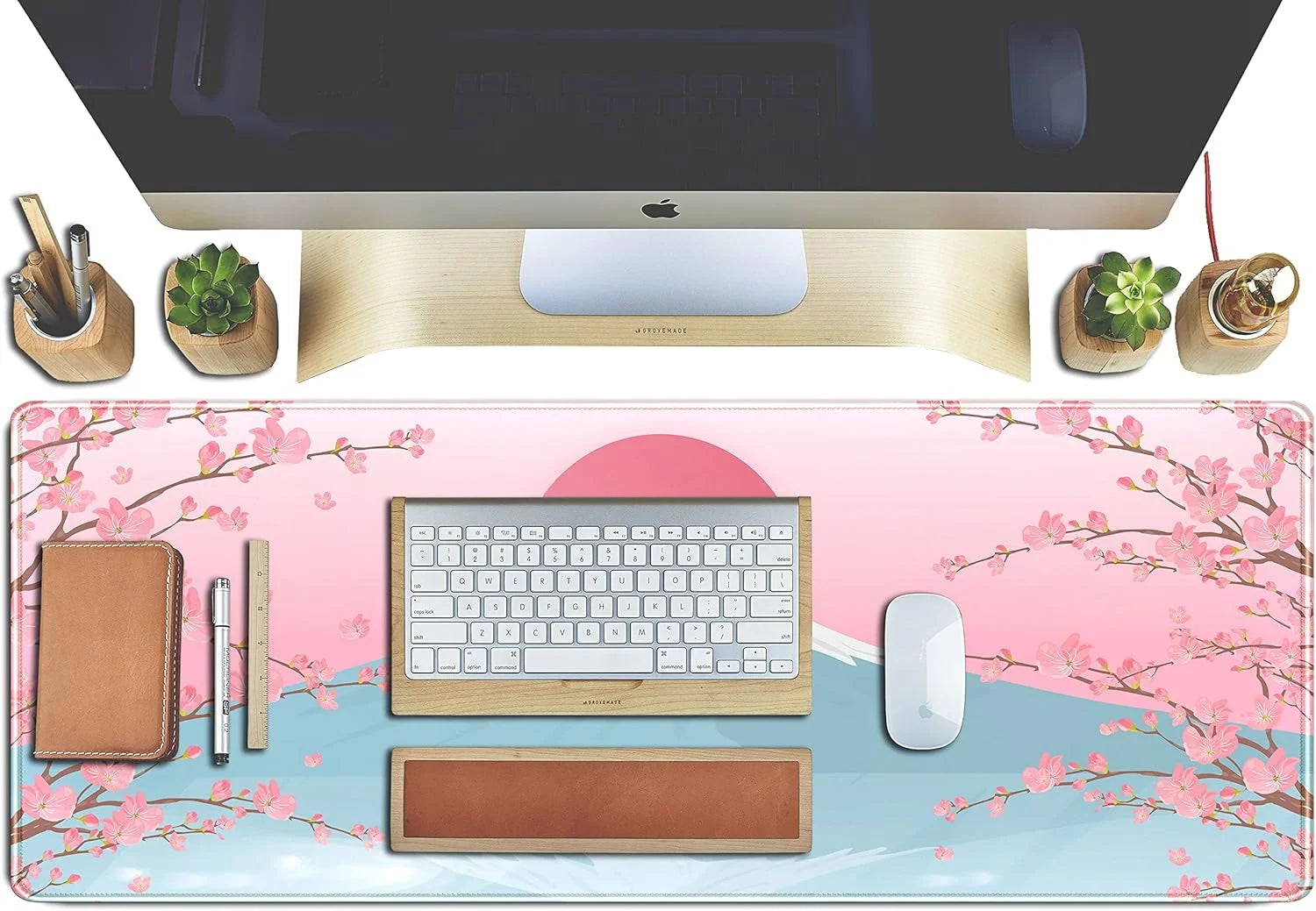 Aesthetic Japanese Cherry Blossom Desk Mat Cute Pastel Blue Color XL Sakura Gaming Mouse Pad Anime Mousepad for Women Desk Office Girl Gamer Cherry Blossoms Mouse Pads Fun Desktop Mat 31.5X11.8 In