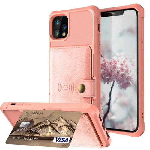 Pink phone case with card holder and phone displaying cherry blossom background