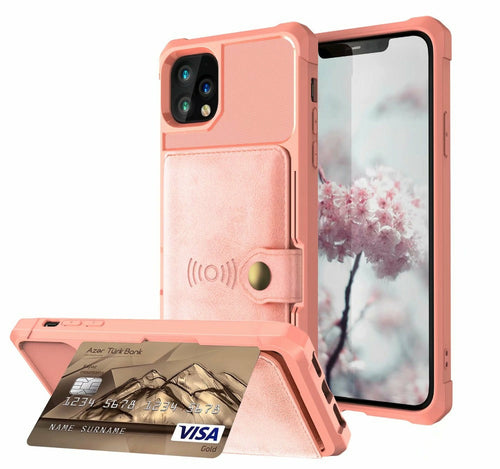 Pink phone case with card holder and screen protector, featuring a floral design on the phone.