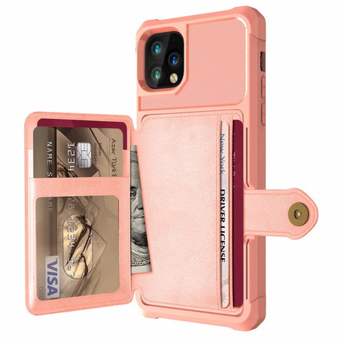Pink phone case with card slots and a wallet section on a white background