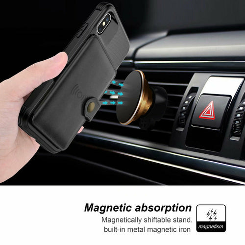 Phone case with magnetic absorption feature attached to a car air vent.