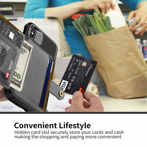 Phone case with card slots held by a hand, with a blurred background of people shopping.