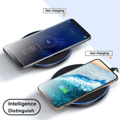 Two smartphones on wireless chargers with 'fast charging' and 'intelligence distinguish' text.