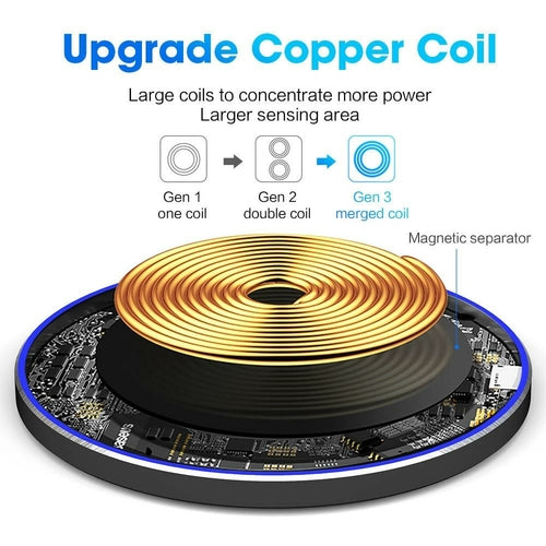 Wireless charging pad with smartphones displaying different times on a white background