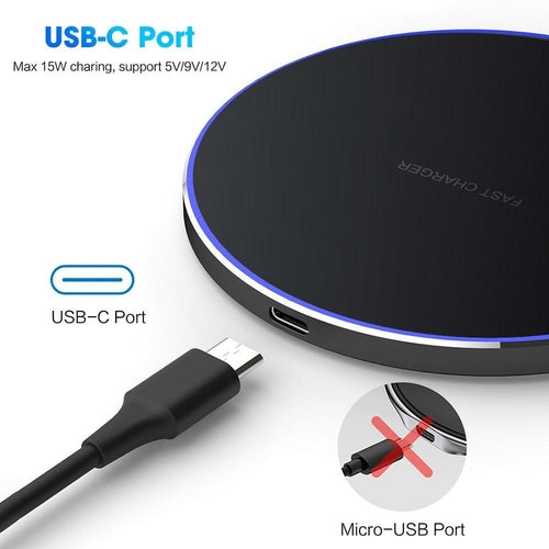Black wireless charger with USB-C port and cable on a white background