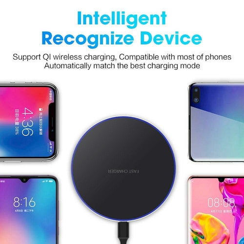 Wireless charging pad with smartphones displaying different times on a white background