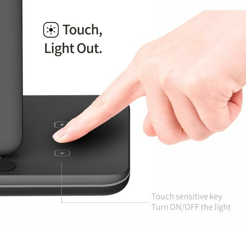 Hand touching a touch-sensitive key on a device with text indicating 'Touch, Light Out.'