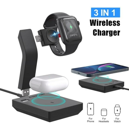 Wireless charging station with smartphone, smartwatch, and earbuds on a white background