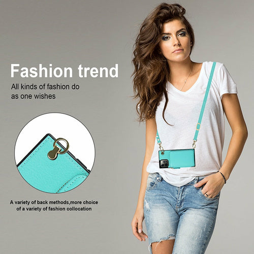 Woman wearing a turquoise crossbody bag with text about fashion trends on a gray background