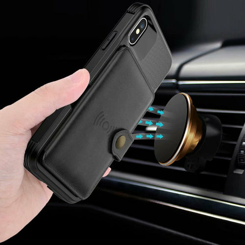 Black phone case with a car mount on a vehicle's air vent.