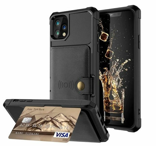 Phone case with card slot and screen protector, featuring aVisa card.