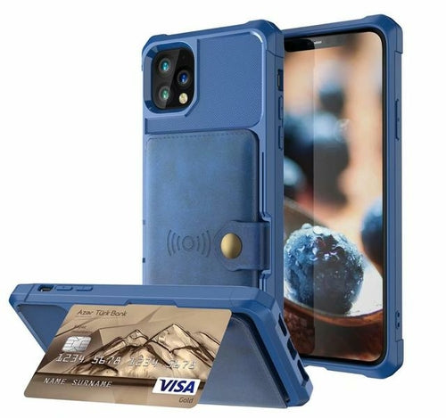 Blue phone case with card holder and screen protector on a white background