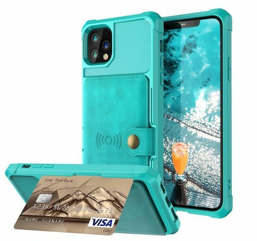 Teal phone case with card holder and phone stand feature on a white background