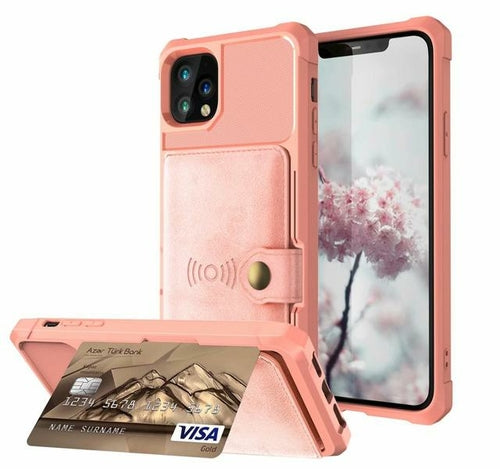 Pink phone case with card holder and screen showing cherry blossoms