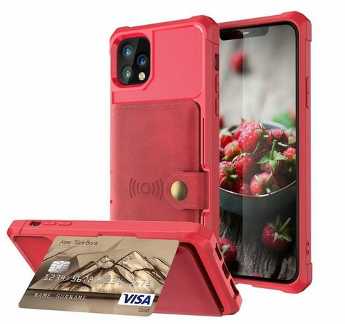 Red phone case with card holder and screen protector, showing a Visa card and phone screen.