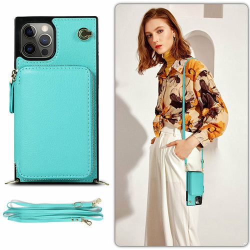 Turquoise phone case with wallet and lanyard features, displayed with a model holding it.