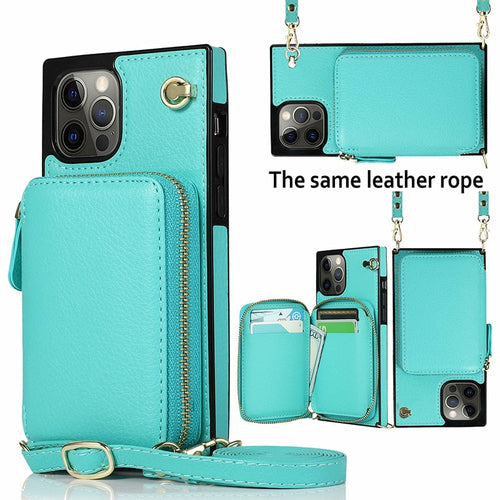 Turquoise phone case with multiple compartments and a leather rope, shown from different angles.