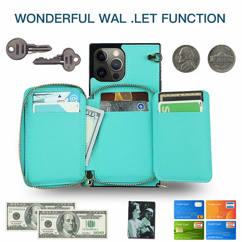 Turquoise wallet with compartments for cards, money, and keys on a white background