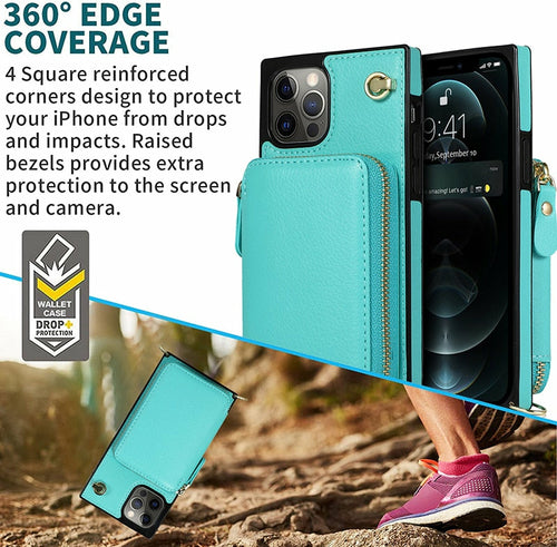 Turquoise phone case with 360-degree edge coverage feature, displayed outdoors.