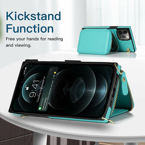 Teal phone case with kickstand function on a white surface