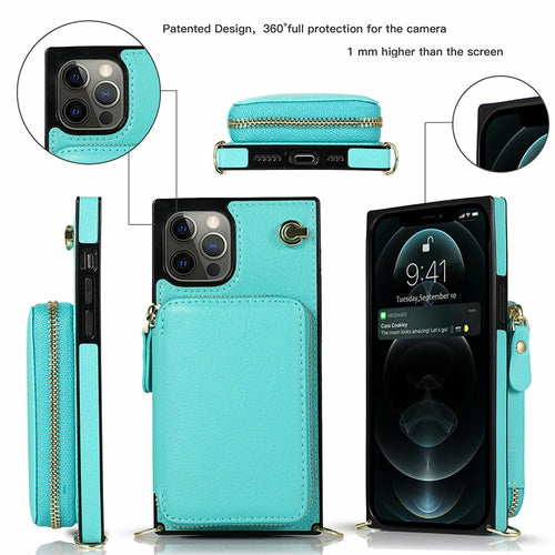 Teal phone case with multiple views and features highlighted on a white background