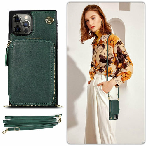 Green phone case with strap, woman holding a green handbag against a white background
