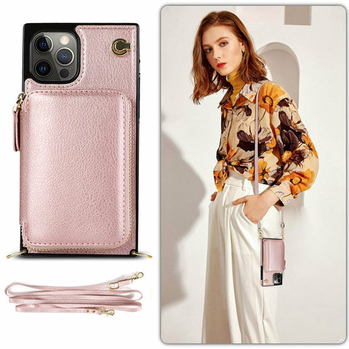 Pink phone case with wallet feature, woman holding a matching handbag, and pink strap.