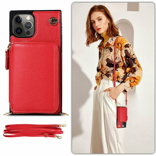 Red phone case with wallet and strap, woman holding a red handbag.