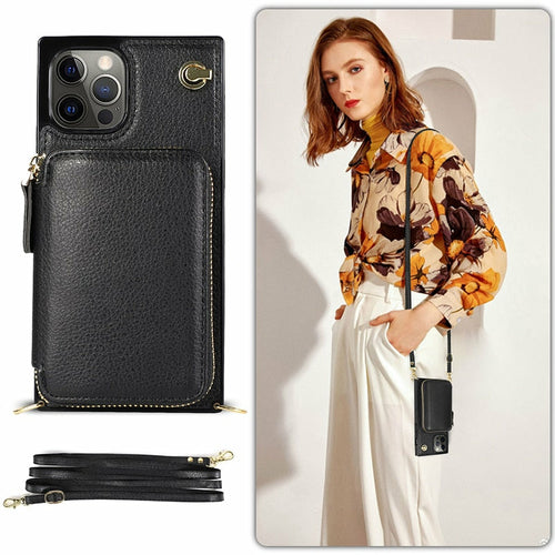 Black phone case with detachable strap and woman wearing it